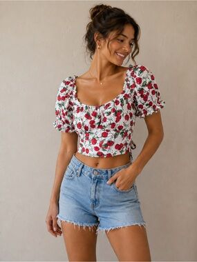 Cider Cherry Puff-Sleeve Crop Top in White and Red
